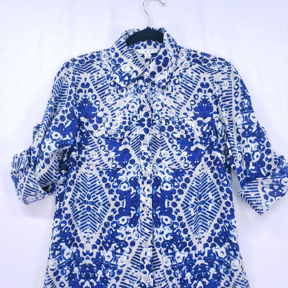 Cabi Blue & White Abstract Print Button Down Short Jewel Shirt Dress Size S - Picture 7 of 16